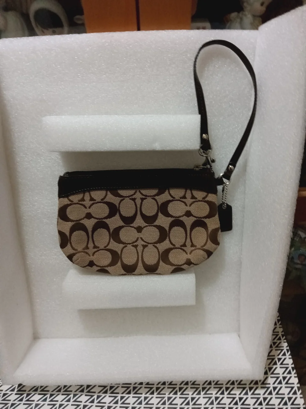 Coach Brown Signature Canvas Wristlet with Dark Trim